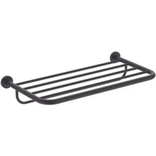 Schwarze Badetuchablage aus Metall mit schmalen Streben, montiert an einer Wand. Produkt von Ideal Standard, schlicht im Design und funktional.